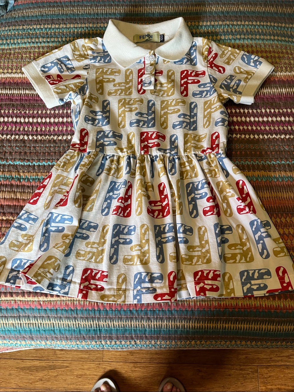 Fendi Girls Cream Polo Dress with Red, Blue & Mustard Logo Print